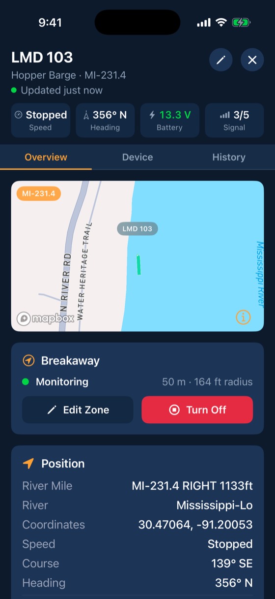 BargeIQ app: barge overview
