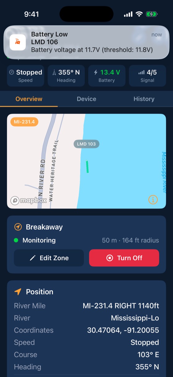 BargeIQ app: battery alert