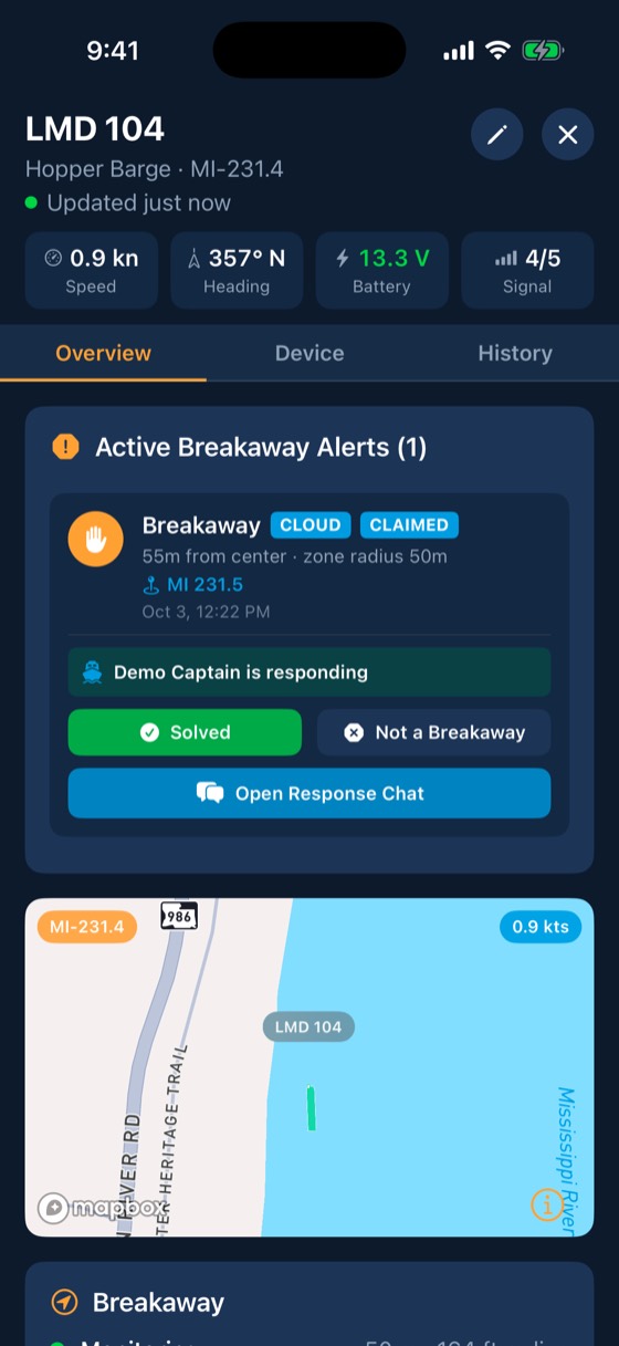 BargeIQ app: breakaway claimed