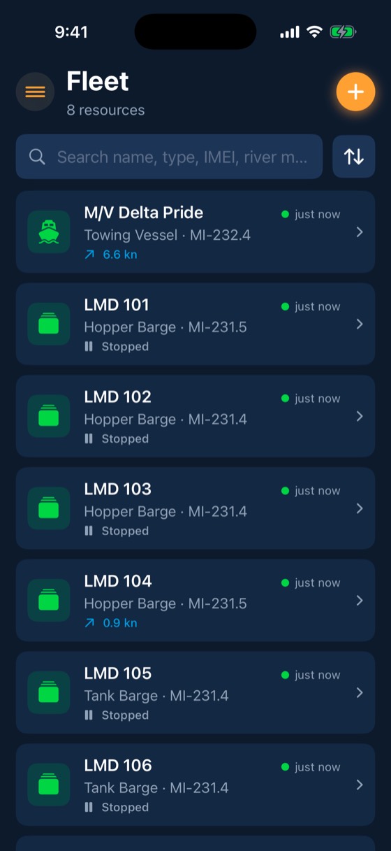 BargeIQ app on iPhone: fleet list