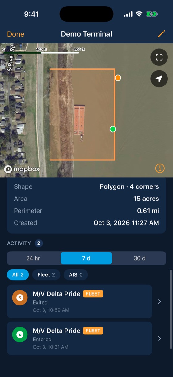 BargeIQ app: geofence activity
