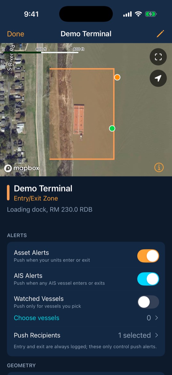 BargeIQ app: geofence detail