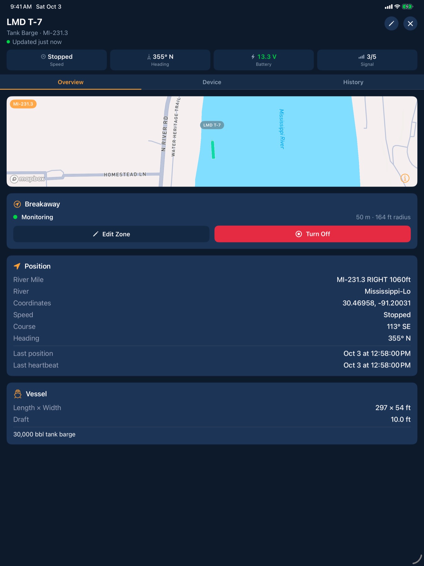 BargeIQ on iPad: barge detail