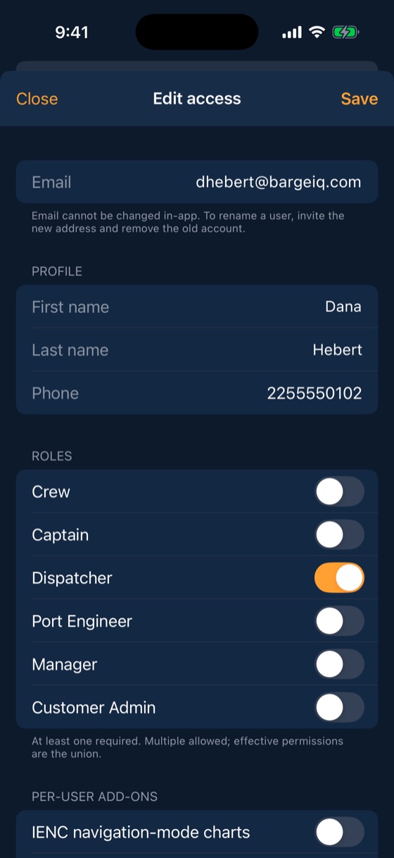 BargeIQ app: user roles