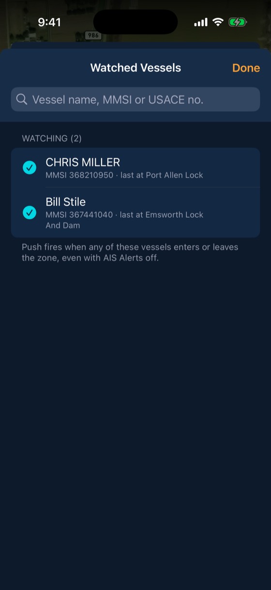 BargeIQ app: watched vessels